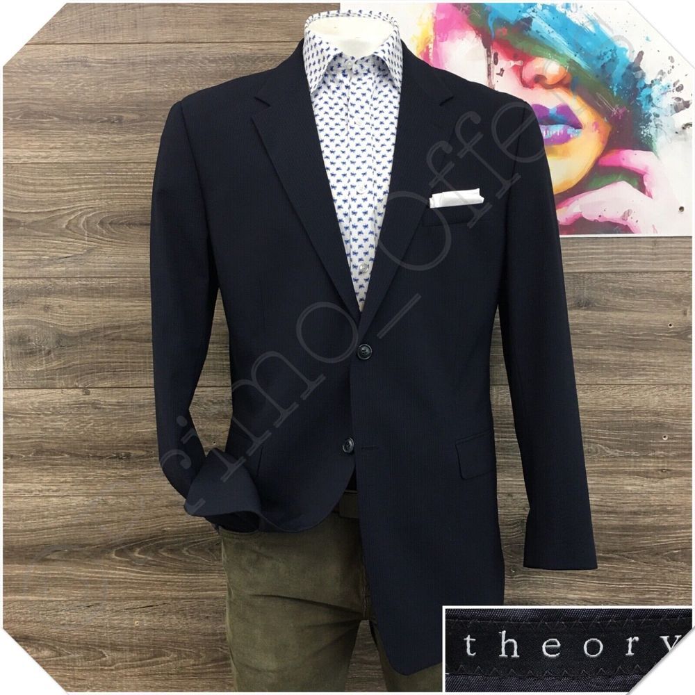 THEORY Mens Blazer Sport Coat Casual Jacket‎ Size 46L Two Button Blue Wool Suit